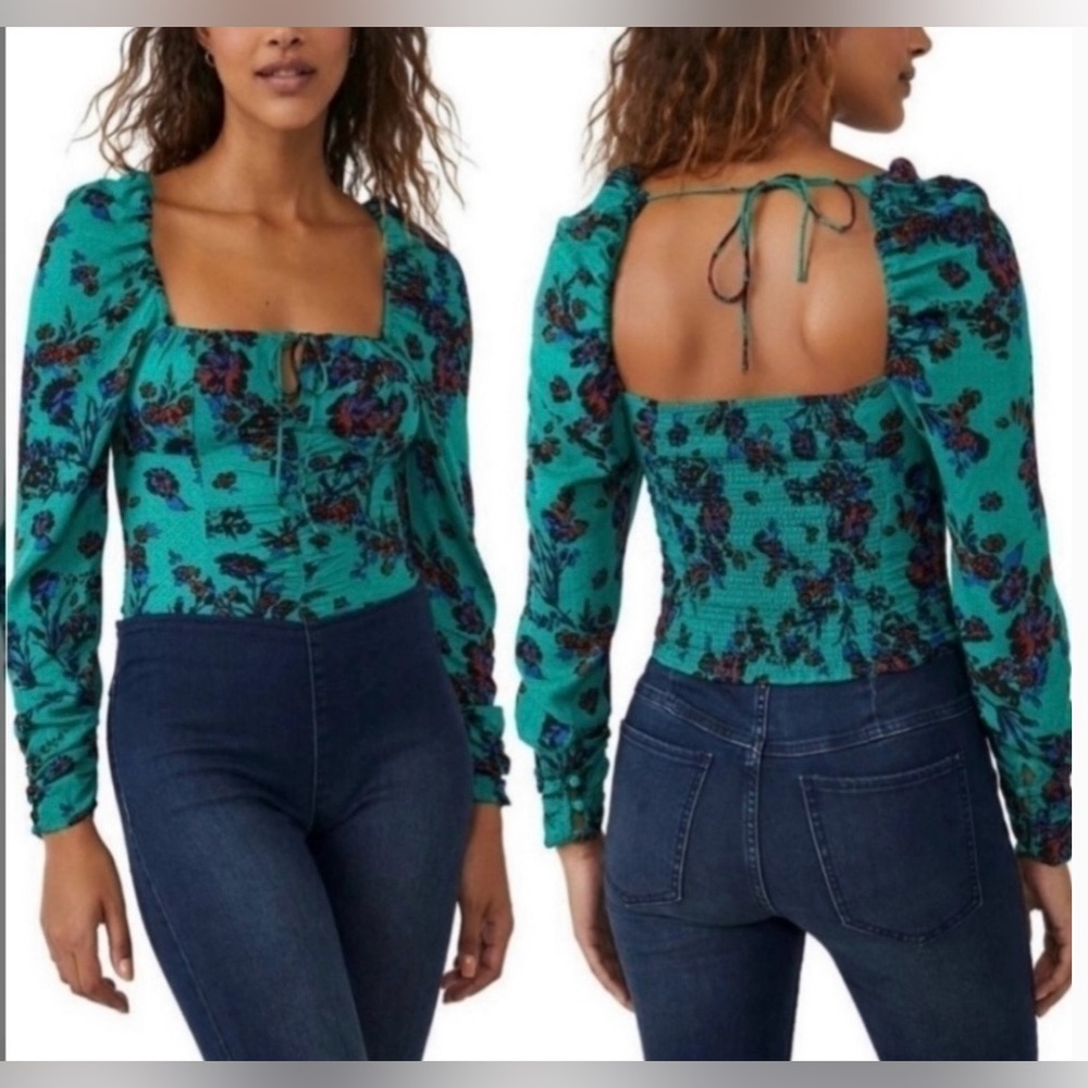 Free People Hillary Printed Top Green Floral Size Medium